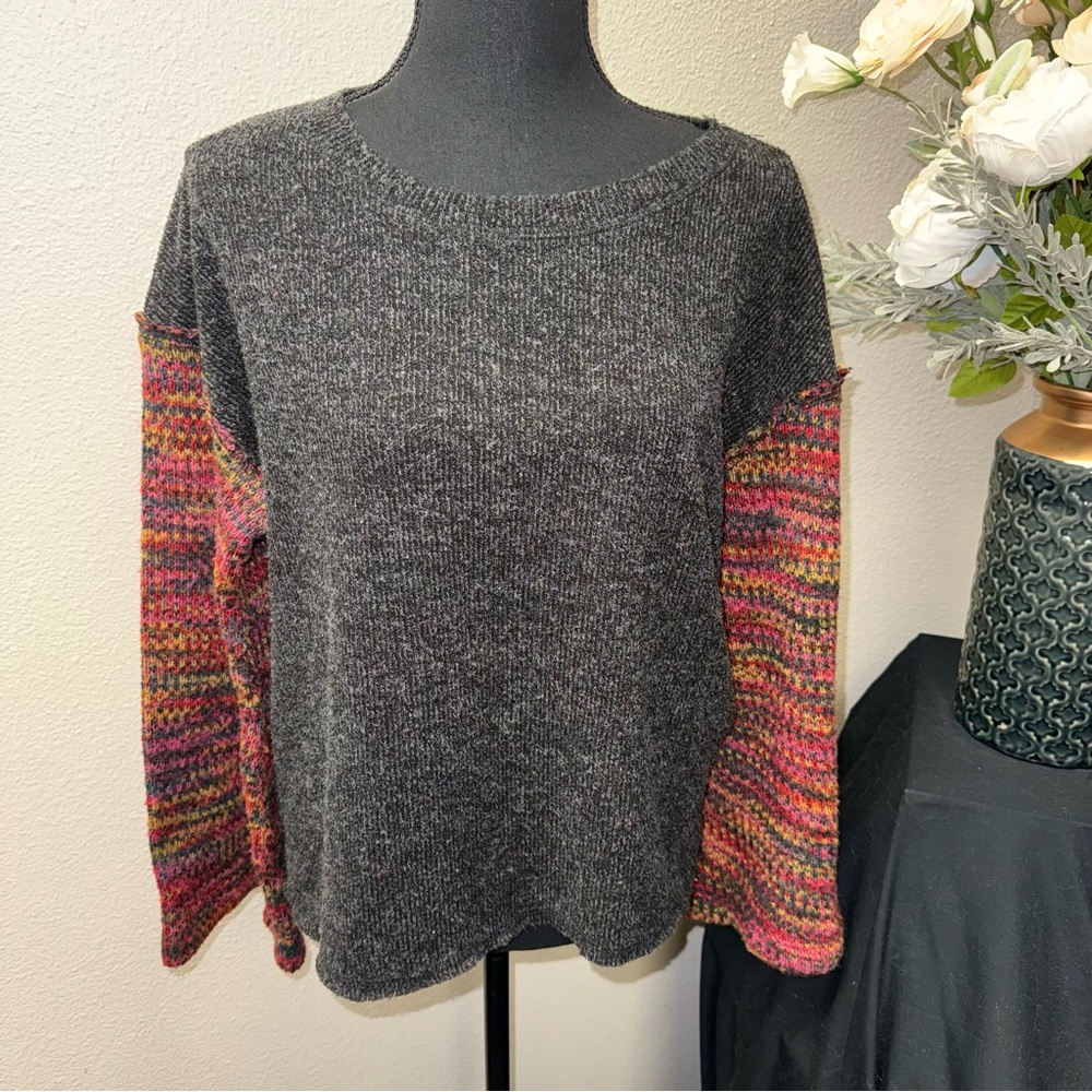 Blu Pepper Gray Knit Sweater Colorblock Multicolor Sleeves Boho M